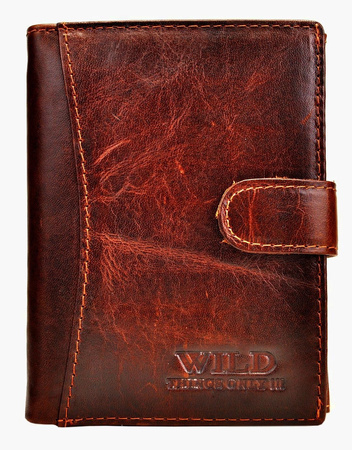 BRĄZOWY PIONOWY SKÓRZANY PORTFEL MĘSKI Z ZAPINKĄ WILD THINGS ONLY !!! / G4-218