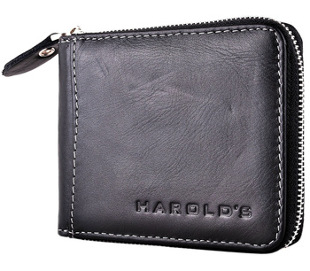 CZARNY POZIOMY SKÓRZANY PORTFEL MĘSKI ZAMYKANY NA SUWAK HAROLD'S / G4-240