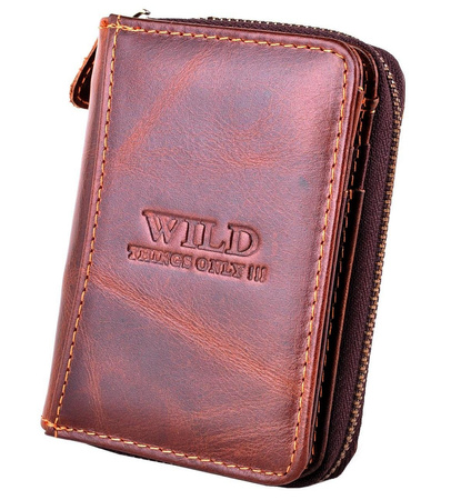 BRĄZOWY ŚREDNI PIONOWY SKÓRZANY PORTFEL MĘSKI NA SUWAK WILD THINGS ONLY !!! / G4-229