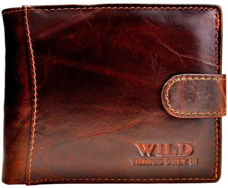 BRĄZOWY POZIOMY SKÓRZANY PORTFEL MĘSKI Z ZAPINKĄ WILD THINGS ONLY !!! / G4-214
