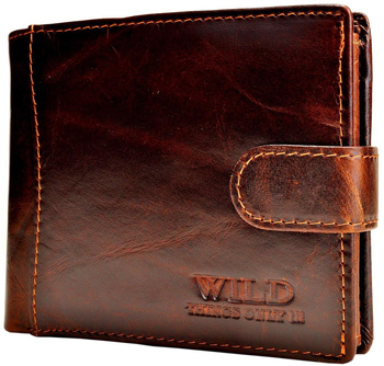 BRĄZOWY POZIOMY SKÓRZANY PORTFEL MĘSKI Z ZAPINKĄ WILD THINGS ONLY !!! / G4-214