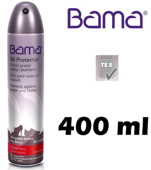 DUŻY IMPREGNAT DO TKANIN  SKÓR LICOWYCH ZAMSZU I NUBUKU BAMA ALL PROTECTOR TEX 400 ML A24 / G13-62