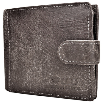 SZARY POZIOMY SKÓRZANY PORTFEL MĘSKI Z ZAPINKĄ WILD THINGS ONLY !!! / G4-213