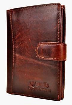 BRĄZOWY PIONOWY SKÓRZANY PORTFEL MĘSKI Z ZAPINKĄ WILD THINGS ONLY !!! / G4-218